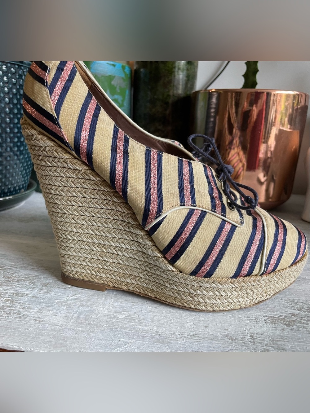 Tabitha Simmons Striped Espadrille Wedge Oxford shoes 38